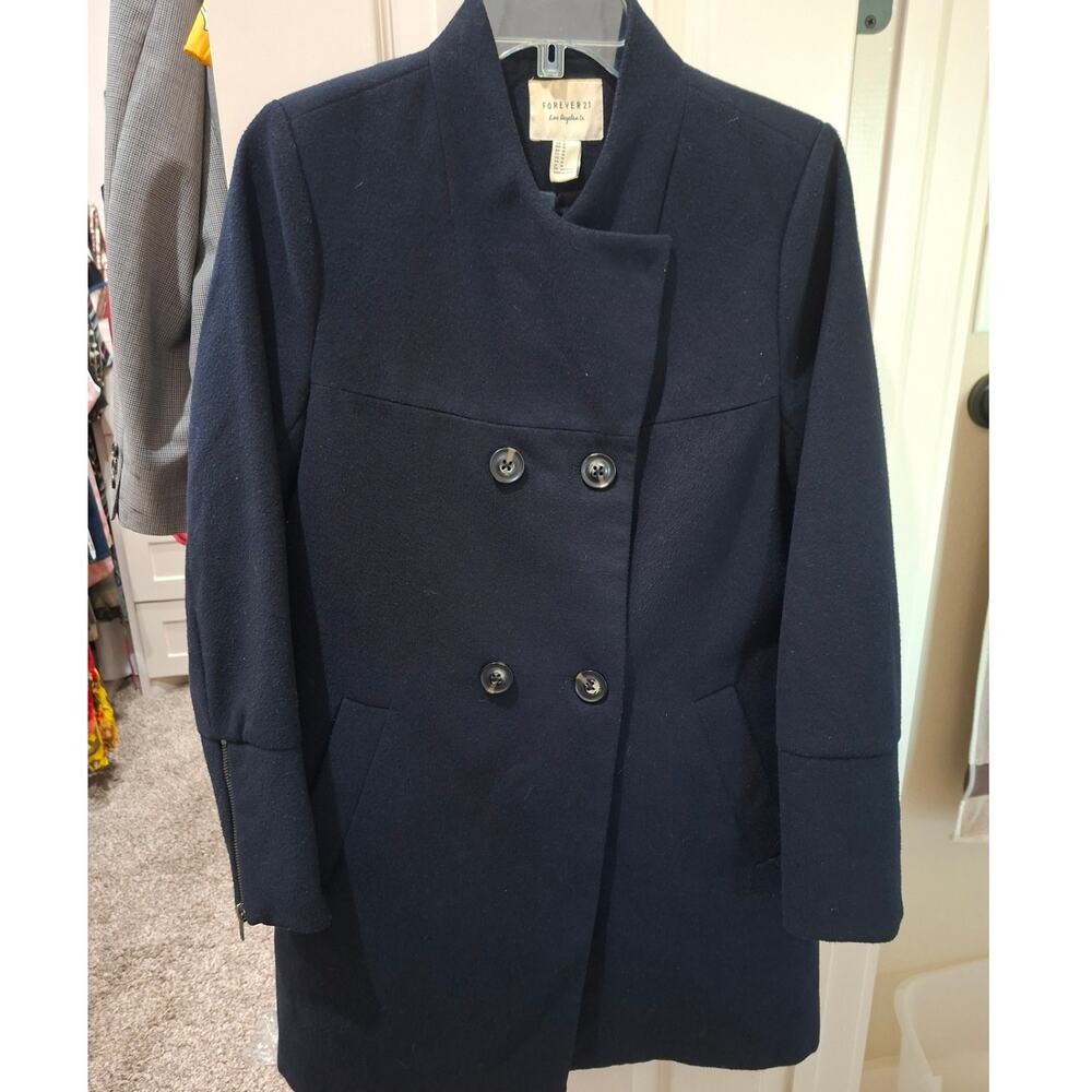 Forever 21 Peacoat Double Breasted Lined with Zipper Sleeves Navy Blue